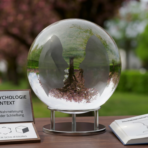 Illustration zur Gestaltpsychologie. Tisch mit Glaskugel, Buch und Illustrationen zur Gestalt